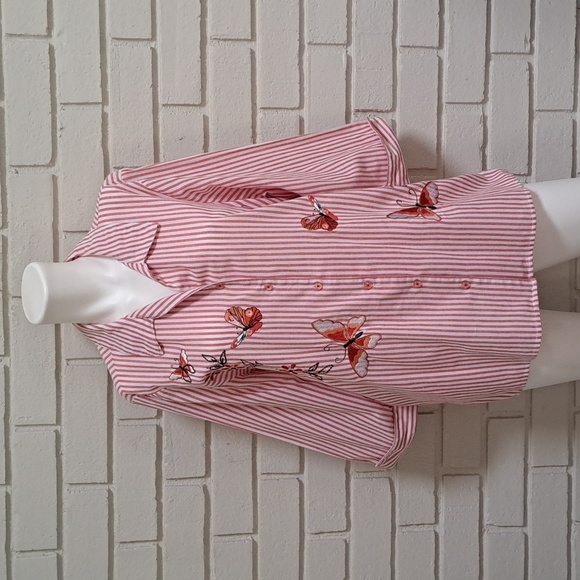 Blair Pink/White Striped Butterfly Embroidered Button Down Blouse. Size Large. - Picture 1 of 9